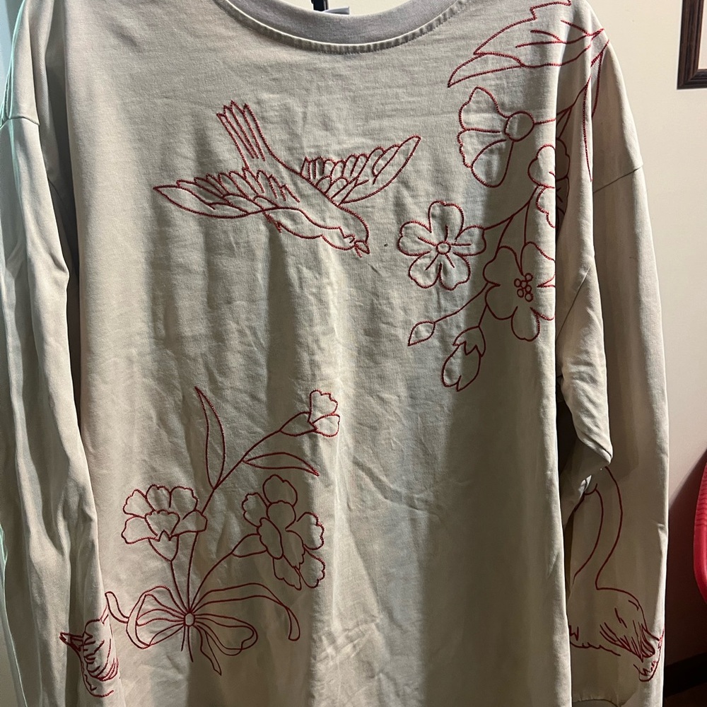 Free People Cream Top with Red Embroidered Motif